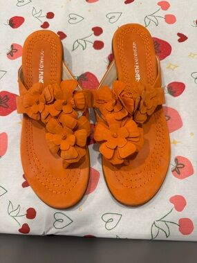 Donald J. Pliner Orange Floral Appliqué Slide Sandals